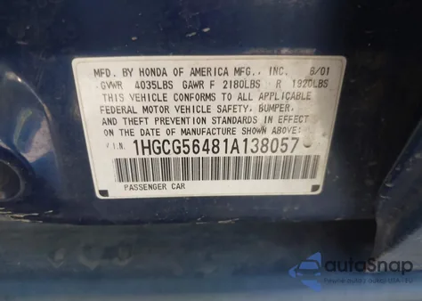 2001 Honda Accord Lx from USA, damaged, VIN 1HGCG56481A138057